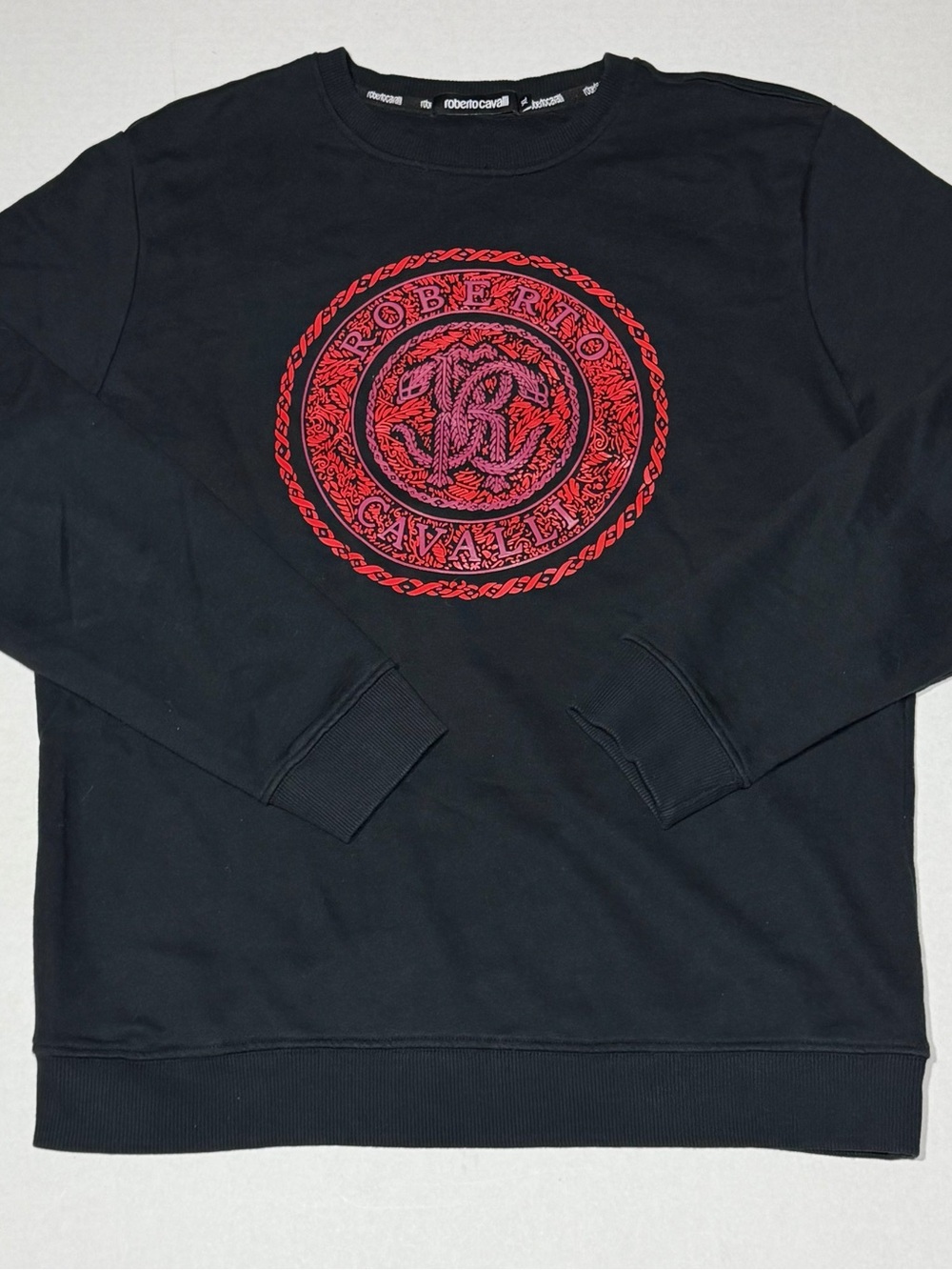 Roberto Cavalli Men's Black Crewneck Sweatshirt with Embossed Red Medallion logo